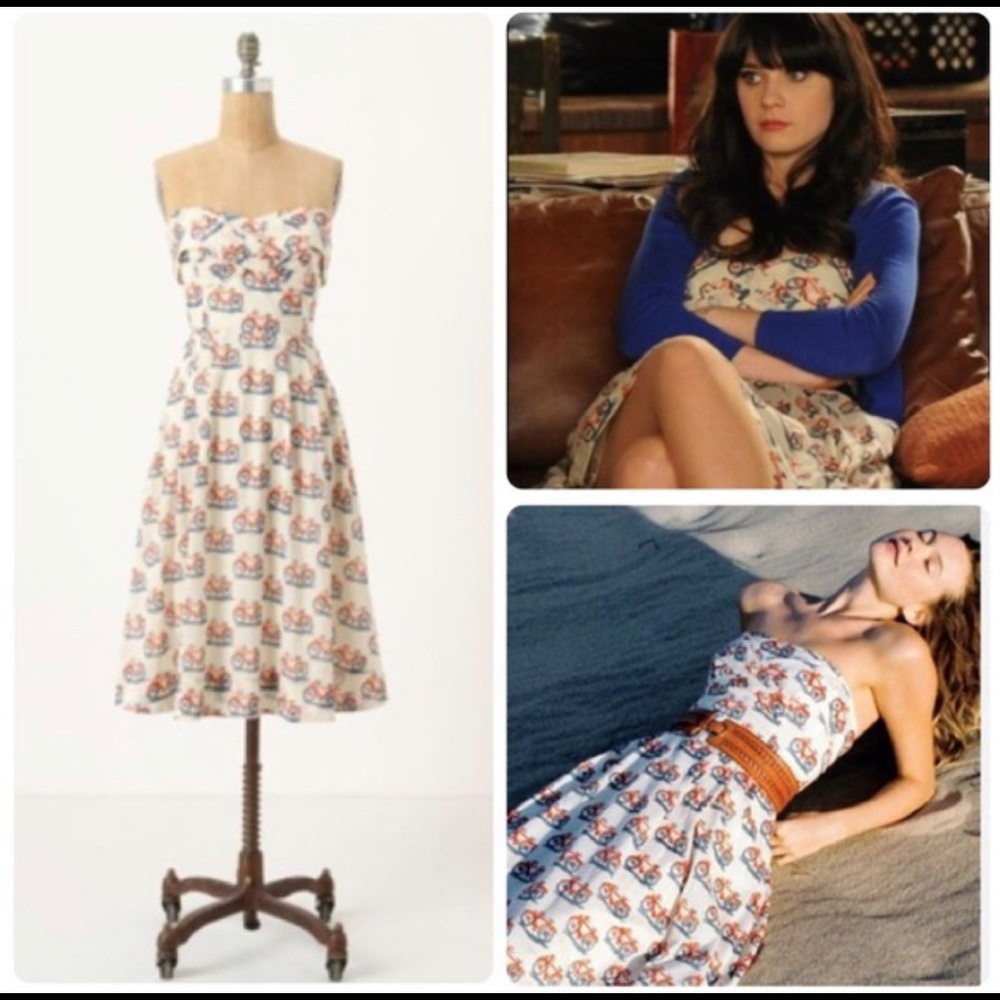Anthropologie Strapless White Dress with Blue and Orange Print